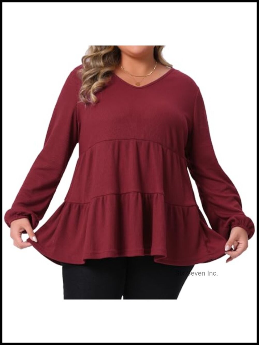 Plus Size Waffle Knit Babydoll Peplum Tunic Blouse V-Neck Ruffle Hem Long